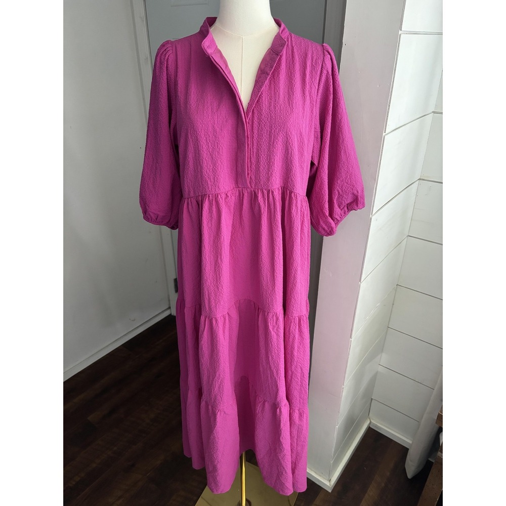 Umgee Dress Womens Small Pink Textured V Neck‎ Balloon Sleeve Midi Tiered Swing